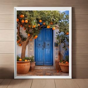 Mediterranean Orange Tree Wall Art, Rustic Blue Door Mosaic and Oranges Print, Italian Kitchen Art, Europe Wall Art Blue Greek Kitchen Decor Oranges Print, Greek Kitchen, Deco Orange, Mediterranean Art, Italian Posters, Wall Art Rustic, Italian Decor, Orange Decor, Rustic Blue