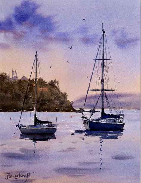 Watercolor Paintings Boats and the Sea Gallery: Seascapes Poland Summer, Watercolor Boat, Sailboat Painting, Watercolor Sunset, Boat Art, Watercolor Paintings Easy, Boat Painting, Lake Pictures, 수채화 그림