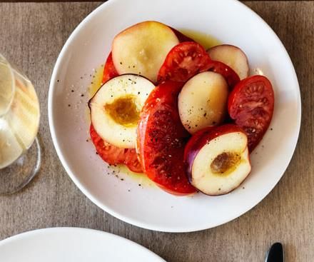 "This is a fabulous salad that really shows off the best of summer," says Saint Peter chef Josh Niland. "Look for fragrant peaches and heavy, juicy oxheart tomatoes." Oxheart Tomato, Peach Salad Recipe, Peach Salad Recipes, Peach Dish, Peach Recipes, Peach Salad, Peach Desserts, Perfect Peach, Summer Cooking