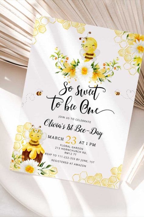 So sweet to bee one birthday invitation! #birthday #happybirthday #birthdaycards #birthdayparty #firstbirthday #bee #turningone #sweet Sweet To Bee One, So Sweet, Bee, Stars, Birthday