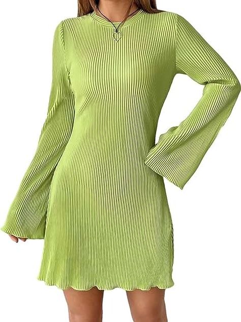 Amazon.com: Lime Green Dress Dress With Flats, Lime Green Dress, Mini Dresses For Women, Mini Shirt Dress, Plain Tshirt, Long Sleeve Mini, Long Sleeve Mini Dress, Colorful Fashion, Dress Fabric