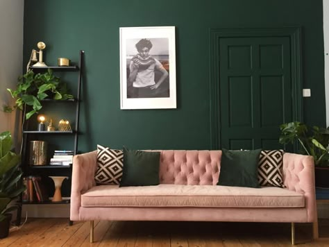 Butterfly Oil Painting, Dark Green Living Room, Dark Green Walls, Pink Couch, Abstract Butterfly, Townhouse For Rent, Green Living Room, Pink Living Room, Green Walls