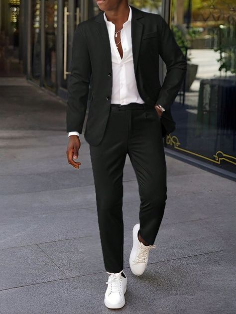 Black And White Outfits Classy Men, Simple Wedding Outfit Men, Mens Black Formal Outfit, Wedding Outfit Men Formal, Terno All Black, Men Prom Outfit Black, Black Dress Pants Outfit Men, All Black Mens Outfit Formal, Black And White Outfit Ideas Men