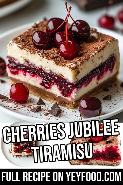 Cherries Jubilee Tiramisu - Yeyfood.com: Recipes, cooking tips, and kitchen hacks for home cooks of all levels Cherries Jubilee Tiramisu, Cherry Jubilee Dessert, Cherries Jubilee Recipe, Cherry Tiramisu, Trifle Bowl Recipes, Cherry Jubilee, Thanksgiving Hacks, Cinnamon Bread Easy, Hacks For Home