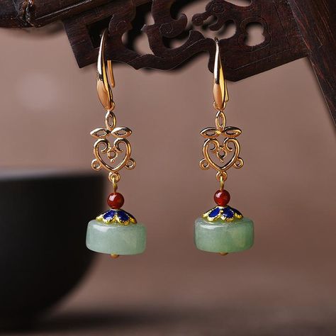 Special Gift For Girlfriend, Jade Earrings, Long Dangle Earrings, Long Pendant, Gold Drop Earrings, Round Earrings, Diy Earrings, Hook Earrings, Pendant Earrings