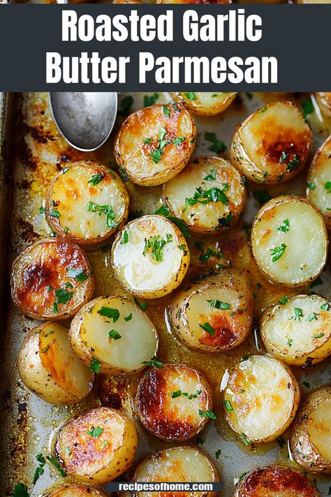 🌟 Roasted Garlic Butter Parmesan Potatoes 🌟 Crispy on the outside, fluffy on the inside, these roasted potatoes are the perfect side dish for any meal! Tossed with garlic, Parmesan, herbs, and optional bacon bits, they're easy to make and bursting with flavor. 🥔🧄🧈  #RoastedPotatoes #GarlicButter #ParmesanPotatoes #SideDishGoals #EasyRecipes #ComfortFood #PotatoLovers #CrispyPotatoes #SheetPanRecipes #DinnerIdeas #FoodieFavorites Parmesan Garlic Smashed Potatoes, Potato Garlic Recipes, Roast Small Potatoes In Oven, Potatoe Sides Dishes Healthy, Parmesean Roasted Potatoes, Garlic Potatoes In Oven, Roast Sides, Roasted Garlic Parmesan Potatoes, Roasted Garlic Butter Parmesan Potatoes