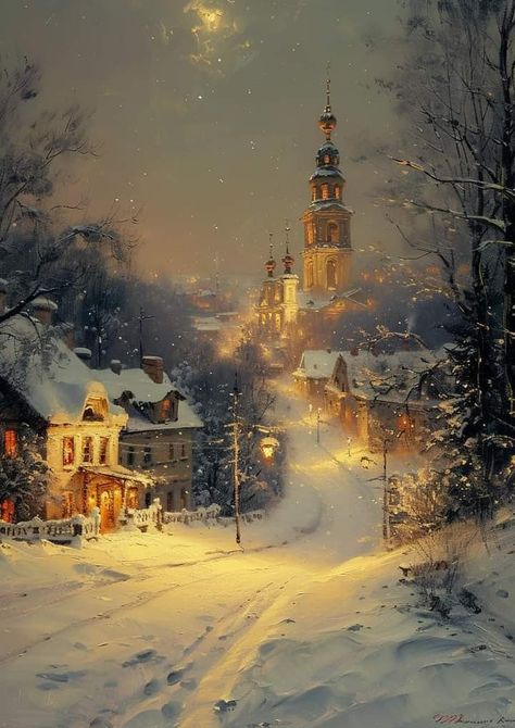 Majestic Paintings, Christmas Village Painting, Winter Scenes Wonderland, Winter Scene Paintings, Beautiful Winter Scenes, Christmas Landscape, Winter Illustration, Painting Snow, Scenery Pictures