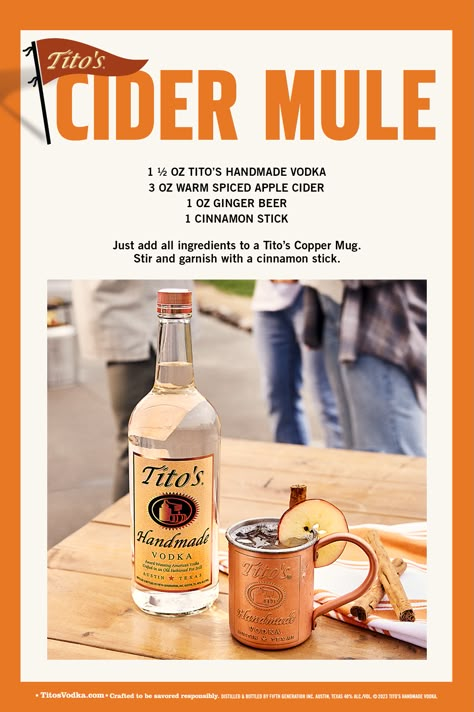 No matter where you’re from, football is a staple of the fall season. Another staple? Cider topped with Tito�’s Handmade Vodka. Our suggestion is to combine the two and raise a copper mug to tailgating with Tito’s. Simple, smooth, and naturally gluten-free. Game on. Cider Mule, Hot Spiced Cider, Copper Mug, Mule Recipe, Spiced Apple Cider, Yummy Alcoholic Drinks, Spiced Cider, Hot Apple Cider, Boozy Drinks