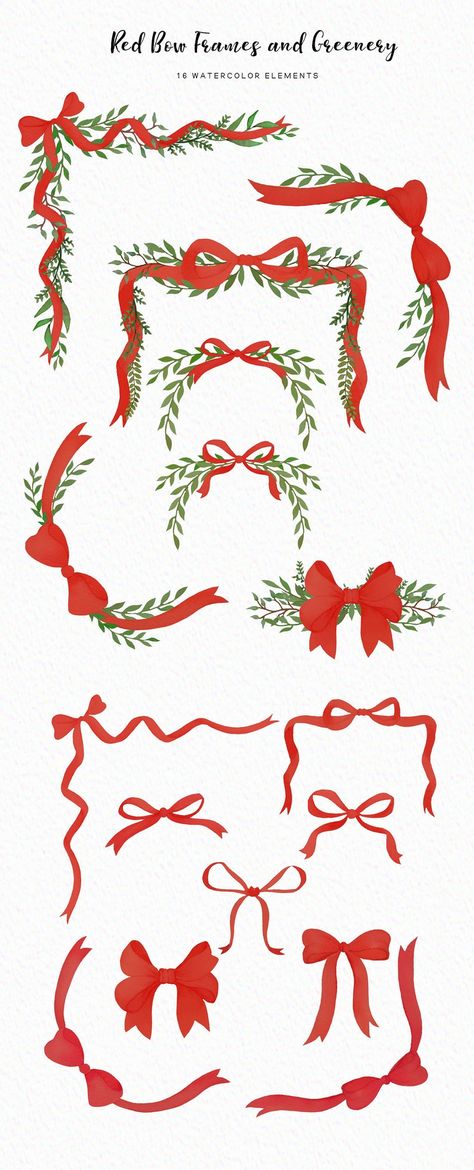 Red Watercolor Bows Bow Frames Clipart Christmas Bow | Etsy Canada Holiday Elements, Christmas Ribbon Illustration, Christmas Scrapbook Printables, Christmas Garland Drawing, Christmas Bow Illustration, Vector Design Graphics, Bow Watercolor, Christmas Drawing References, Christmas Bow Drawing