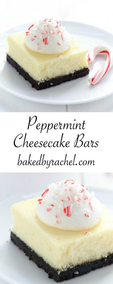 Creamy white chocolate peppermint cheesecake bar recipe from @bakedbyrachel Peppermint Chocolate Cheesecake, Peppermint Brownie Cheesecake, Cheesecake Factory Peppermint Bark Cheesecake Recipe, Peppermint Cheesecake Brownies, Cheese Deserts, Peppermint White Chocolate Cheesecake, White Chocolate Peppermint Cheesecake, Peppermint Cheesecake Bars, Chocolate Peppermint Cheesecake