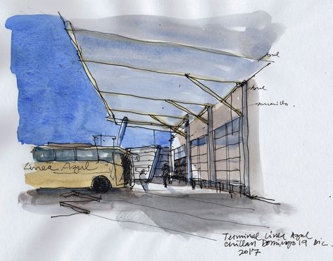 Terminal de buses Línea Azul, Chillán. Ayer domingo 17, partiendo a votar a Concepción. Bus Terminal, Urban Sketching, Architecture Sketch, Buses, Kim Taehyung, Architecture, Quick Saves