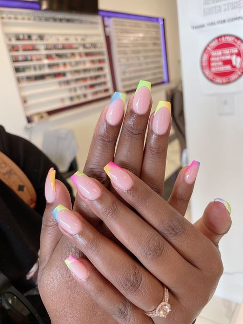 Nail Designs Multi Color Summer, Multi Color French Nails, Summer Multi Color Nails, Multicoloured French Tip Nails, Multi Colored Nails French Tip, Split Color Nails, Multi Colored Nails Spring, Three Color Nails, Nails Different Colors Each Hand