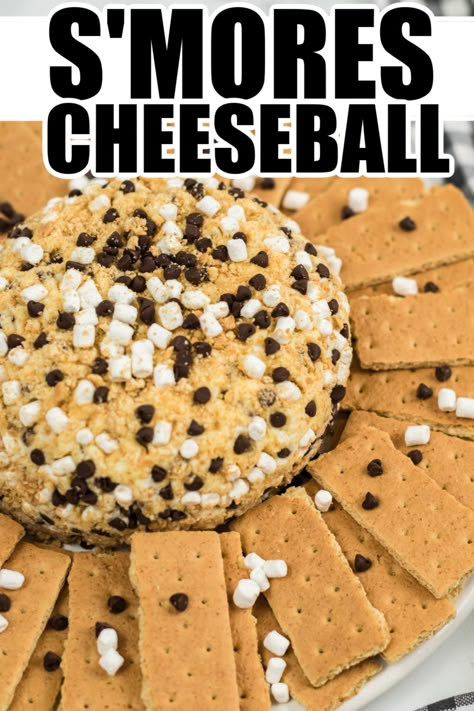 If you love S'mores as much as we do, you have to try this S'mores Cheeseball! It takes everything that is awesome about the classic recipe of s'mores and rolls it up into a delicious cheese ball for a fun dessert! Dessert Cream Cheese Ball, Cheese Ball Recipes Sweet, Desert Cheeseball Recipes, Dessert Cheese Ball Recipes, Cheese Ball Recipes Dessert, Cream Cheese Dessert Ball, Dessert Balls Dip, Dessert Cheese Balls, Halloween Cheese Balls