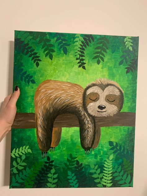 Sloth Acrylic Painting, Sloth Painting Easy Canvas, Sloth Canvas Painting, Easy Animal Painting Ideas On Canvas, Sloth Painting Ideas, Sloth Art Project, Simple Animal Paintings For Beginners, Cute Dinosaur Painting Acrylic, Rainforest Painting Easy