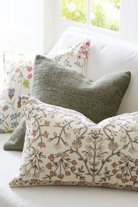 Spring Pillow Pairings Spring Decor Living Room Throw Pillows, Spring Couch Decor, Spring Couch Pillows, Spring Pillows On Couch, Floral Pillows Living Room, Pillow Pairings, Pillows On Couch, Spring Room Decor, Spring Cushions