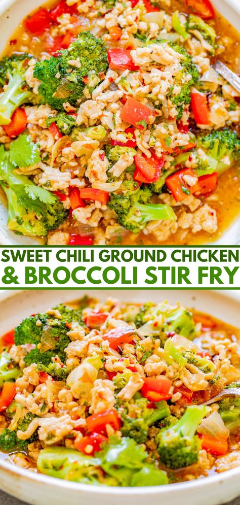 Sweet Chili Ground Chicken and Broccoli Stir Fry - EASY, ready in 30 minutes, made in ONE skillet, and layered with Asian-inspired flavors! Juicy chicken, crisp-tender broccoli, red bell peppers, and more are coated with sweet chili sauce, soy sauce, sesame oil, and finished with fresh cilantro for a pop of freshness! Chili Ground Chicken, Ground Chicken And Broccoli, Chicken And Broccoli Stir Fry, Chicken Broccoli Stir Fry, Red Bell Peppers, Easy Stir Fry, Broccoli Stir Fry, Chicken And Broccoli, One Skillet