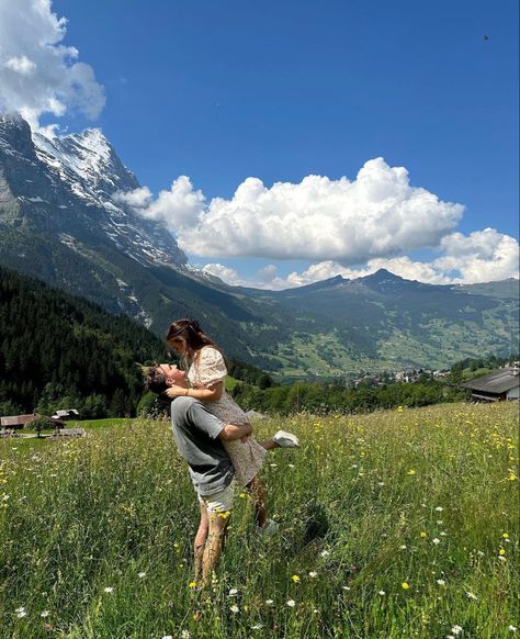 Honeymoon In Europe Aesthetic, Switzerland Photography Couple, Mountain Honeymoon Outfit, Swiss Alps Photoshoot, Switzerland Honeymoon Romantic, Switzerland Couple Aesthetic, Mountain Honeymoon Aesthetic, Honeymoon In Switzerland, Switzerland Lifestyle Aesthetic