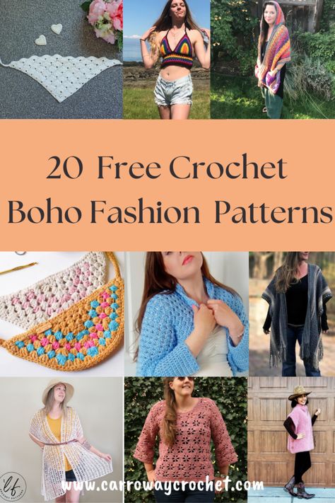 20 Free Boho Crochet Fashion Patterns - Carroway Crochet Boho Knitting Patterns, Bohemian Crochet Patterns, Hippie Crochet Patterns, Carroway Crochet, Crochet Dress Boho, Boho Crochet Patterns, Groovy Party, Bralette Pattern, Hippie Crochet