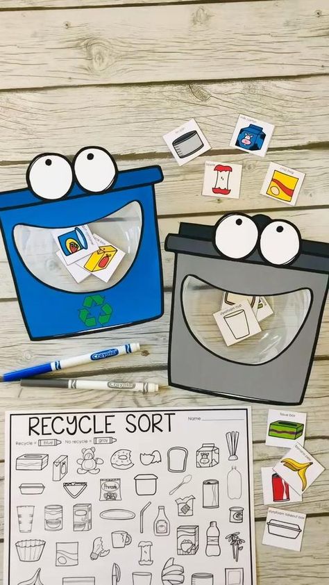 Recycle Sort! Looking for some engaging ways to teach your students about what to recycle and what not to recycle?! This hands on activity provides multiple practice opportunities with 40 different picture cards to sort and is the perfect addition to any recycling unit. Students love feeding the trash bins, which makes this activity highly engaging. Students choose a picture card and then feed it to the correct trash bin. What To Recycle, Recycling Activities For Kids, Educational Activities For Toddlers, Word Games For Kids, Toddler Sensory Bins, Recycling For Kids, Recycling Activities, Earth Day Crafts, Kindergarten Learning Activities