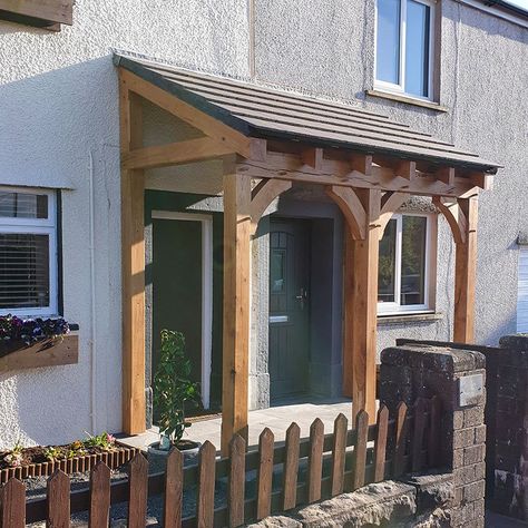 The oak porch provides an entrance to the neighbours 2 homes. Verandas Ideas Outdoor, Oak Porches, Porch Roof Design, Oak Porch, Porch Overhang, Open Porch, Lean To Roof, Kerb Appeal, House Front Porch