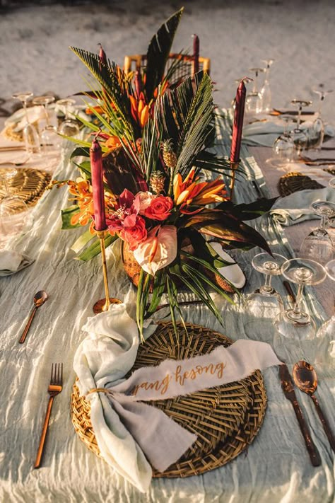 Chic Tropical Beach Wedding | Philippines Wedding Blog Earthy Beach Wedding, Fall Beach Wedding Decor, Simple Tropical Wedding Cake, Wedding Ideas Tropical, Beach Wedding Philippines, Mexico Beach Wedding Colors, Beach Wedding Ideas Colors, Tropical Wedding Table Decor, Moody Tropical Wedding