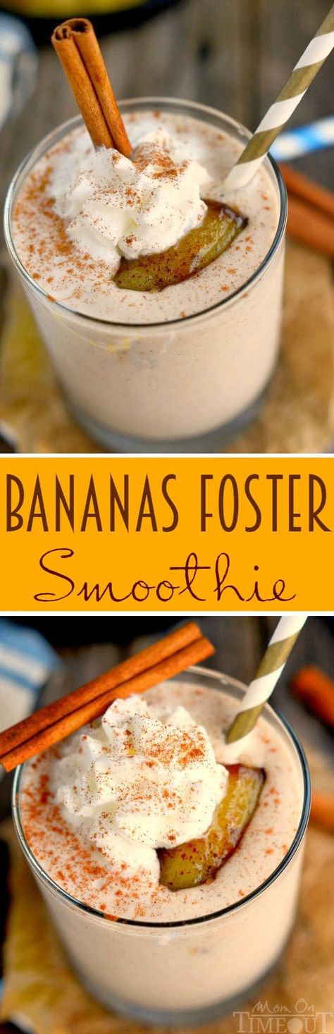 You'll want to wake up to this Bananas Foster Smoothie! Yummy banana and caramel flavors in a protein-packed smoothie - delicious! A sweet and easy breakfast recipe. | MomOnTimeout.com Banana Foster, Mom On Timeout, Easy Breakfast Recipe, Breakfast Recipes Sweet, Bananas Foster, Summer Recipe, Delish Recipes, Summer Drink, Smoothie Shakes