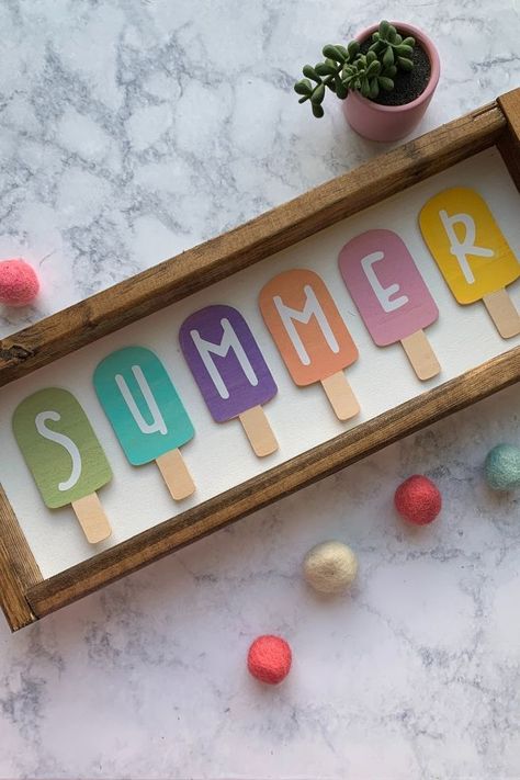 DIY SUMMER POPSICLE SIGN WITH YOUR CRICUT | EVERYDAY JENNY Summer Home Decor Ideas Diy, Spring Summer Crafts To Sell, Summer Diy Decorations, Summer Garland Diy, Summer Crafts For Adults To Sell, Summer Decorations For Home Diy Ideas, Summer Office Decorations, Summer Wooden Crafts, Summer Crafts For Adults Diy