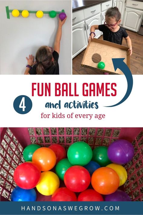 4 super fun and simple games and gross motor activities for kids of any age you can DIY at home using ball pit balls and other supplies you already have! Infant Sports Activities, Prek Ball Study, Ball Preschool Crafts, Gross Motor Activities With Balls, Prek Balls Unit, Preschool Balls Activities, Preschool Ball Games, Preschool Activities With Balls, Ball Activities For Babies