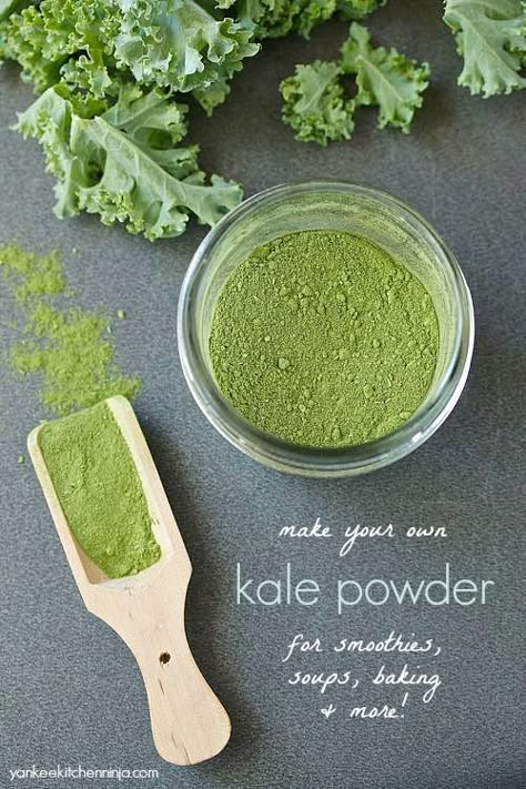 Make your own kale powder for smoothies, soups, baking and more Dehydrated Kale, Fruit Powders, Kale Powder, Camp Meals, Dehydrating Food, Powder Drink, Fruit Powder, Dehydrated Foods, Greens Powder