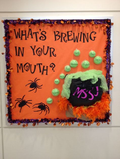 No Cavity Club Ideas Bulletin Boards, Fall Dental Bulletin Board, Dental Office Halloween Decor, Halloween Dental Humor, Dental Halloween Decor, Halloween Dental Office Ideas, Dental Office Halloween Decorations, Dental Operatory Decor, Dental Bulletin Board Ideas