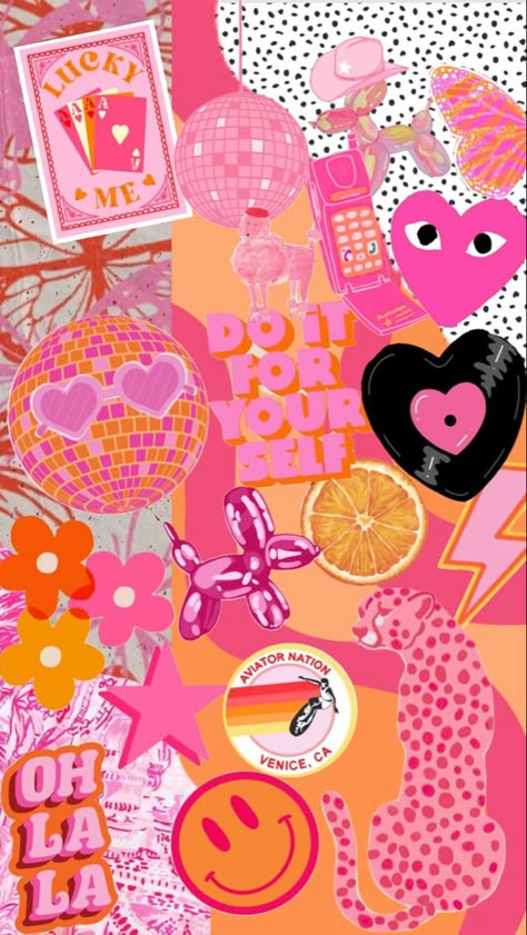 Pink And Orange Collage Wallpaper, Fun Pink Wallpaper, Bright Backgrounds Wallpapers, Preppy Patterns Wallpapers, Photo Wall Photos, Aesthetic Pictures Collage, Senior Background, Paintings Preppy, Cute Collage Wallpaper