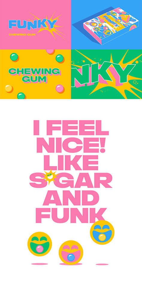 Funky Chewing Gum Branding Concept  Check the whole project in the link ;) Gum Branding, Gen Z Graphic Design, Joyful Branding, Funky Graphic Design, Quirky Branding, Funky Branding, Chewing Gum Brands, Cmyk Design, Gum Design