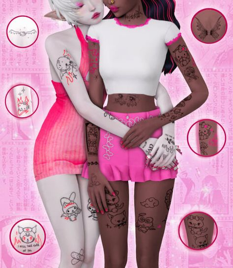 Themed Tattoos, Sims 4 Tattoos, Sims 4 Anime, Hello Kitty Tattoos, Sims 4 Body Mods, Sims 4 Cc Folder, 4 Tattoo, Sims 4 Characters, Sims 4 Mm