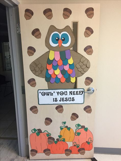 November Classroom Door, Owl Classroom Door, Owl Door Decorations, November Classroom, Owl Door, Owl Classroom, Fall Owl, Preschool Classroom Decor, School Doors