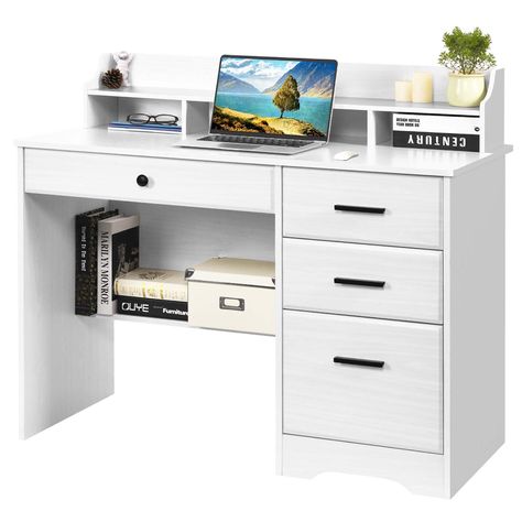 PRICES MAY VARY. Powerful Storage Capacity - The white desk with 4 drawers of different sizes, with two storing generic items, and one specially designed for files. In addition, a shelving unit to display items like a display screen, potted plants, or decorations. Underneath, a shelf is provided for storing books. Ergonomic Design - The student desk with hutch is equipped with a monitor stand, when standing or sitting at the computer desk, the white desk's height keeps you at the right viewing h White Desk With Storage, Pc Table Ideas, Desks For Bedrooms, Study Table With Drawers, Small Study Desk, Bedroom Desks, Wooden Computer Table, Computer Table Design, Computer Desk With Drawers