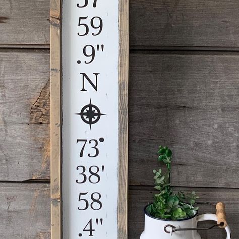 Just finished Coordinate Signs Latitude Longitude, Wall Decor Farmhouse Style, Home Latitude And Longitude Signs, Latitude Longitude Jewelry, Coordinates Sign, Latitude And Longitude, Distressed Signs, Wall Decor Farmhouse, Latitude Longitude