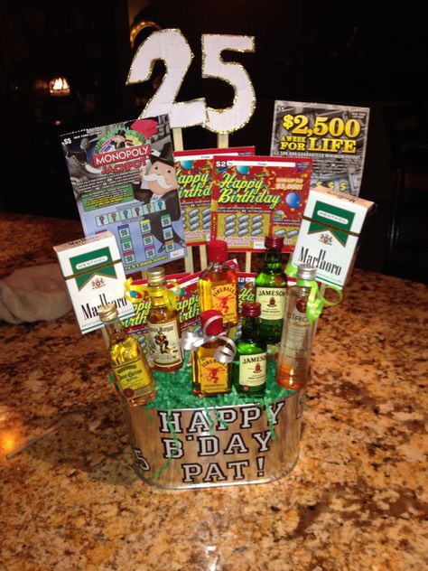 Made this for my friends 25th birthday! All the necessities. 25th Birthday For Men, 25th Birthday Ideas Him, 25th Birthday Ideas For Him Gift, Male 25th Birthday Ideas, 25th Birthday Ideas For Him Decorations, 25 Birthday Ideas For Him, 24th Birthday Ideas For Him, 25th Birthday Ideas For Him Parties, 25th Birthday For Him