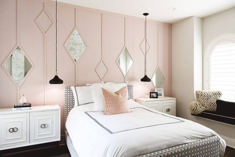 Beautiful pink bedroom with a custom geo accent wall unlike any other! - Decoist Accent Wall Girls Bedroom, King Size Bed Headboard, Pink Accent Walls, Blush Pink Bedroom, Parisian Bedroom, Pink Headboard, Headboard With Shelves, Gold Bedroom, Accent Wall Bedroom