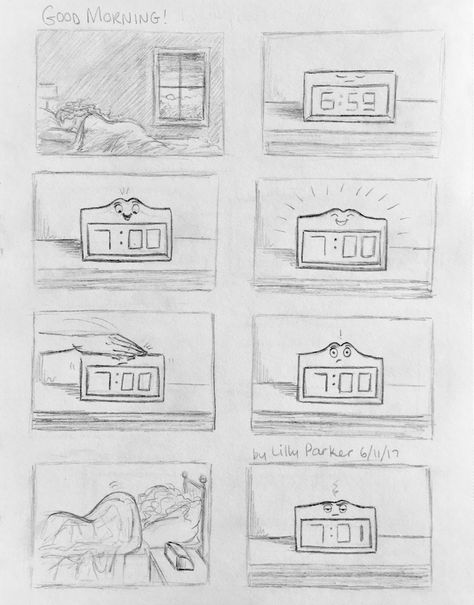 Sequential Drawing Nift, Alarm Drawing, Story Board Drawing, Storyboard Ideas Simple, Story Board Illustration Ideas, Alarm Clock Drawing, Clock Drawings, Storyboard Drawing, Storyboard Ideas