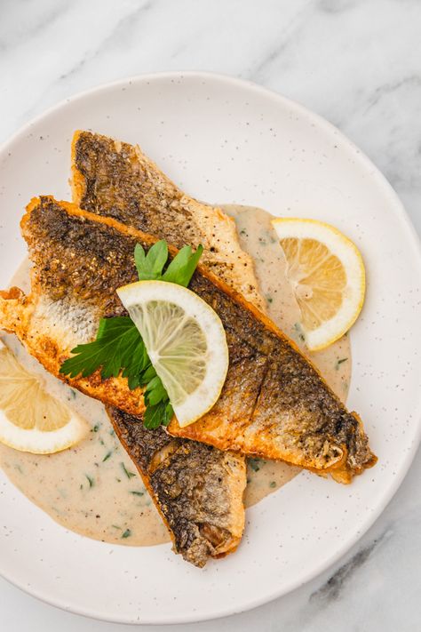 Pan seared Sea Bass Seabass Recipe Pan Seared, Seabass Fillet Recipe, Sea Bass Fillet Recipes, Pan Seared Sea Bass, Parsley Sauce, Sea Bass Recipes, California Food, Food Tech, Ahi Tuna