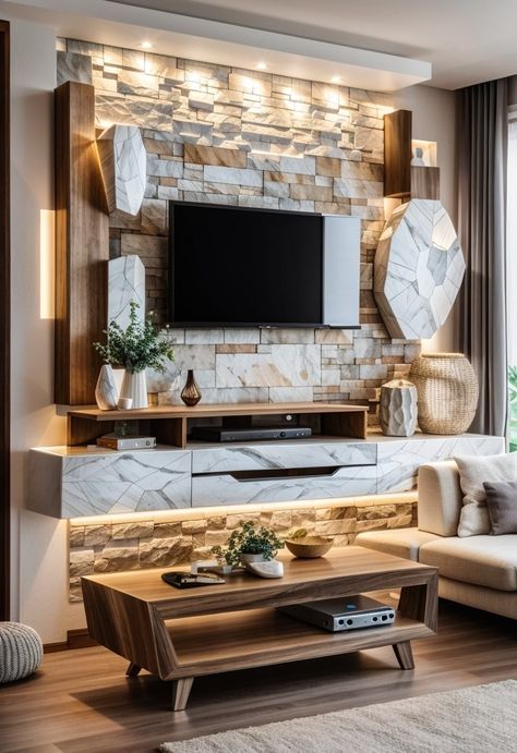 Stone Tv Unit Design, Stone Tv Unit, Lcd Unit Design, Tv Unit Design Ideas, Faux Stone Veneer, Stone Veneer Wall, Lcd Units, Crockery Unit Design, Crockery Unit