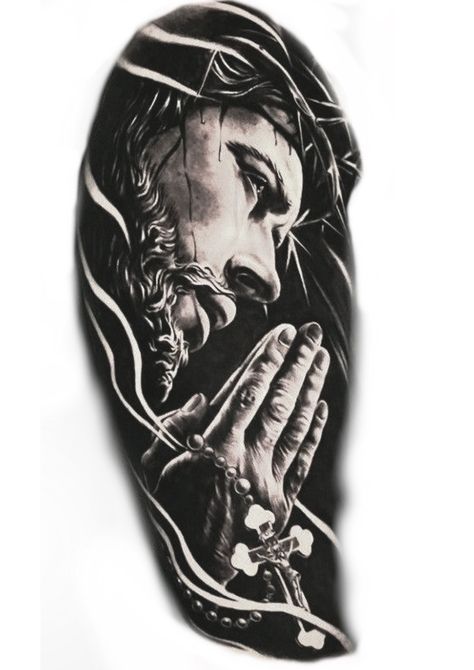 Jesus Praying Tattoo, Arm Tattoo Realistic, Jesus Tattoo On Arm, Jesus Tattoo Sleeve, Jesus Christ Tattoo, Jesus Tattoo Design, Back Of Arm Tattoo, Heaven Tattoos, Christ Tattoo