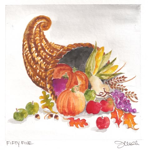 cornucopia Thanksgiving Cornucopia, Horn Of Plenty, Thanksgiving Art, Original Watercolor Art, Fall Watercolor, Fruit Vegetables, Paint Cards, Watercolor Art Lessons, Autumn Painting