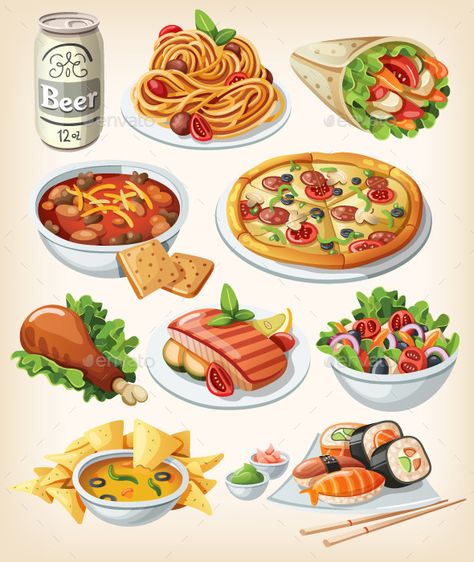 Collection of most common city dinners, kinds of street food, fast food and traditional meals of some regions. 귀여운 음식 그림, Food Drawings, Food Sketch, Food Cartoon, Food Clipart, Food Illustration Art, Watercolor Food, Vector Food, Food Clips