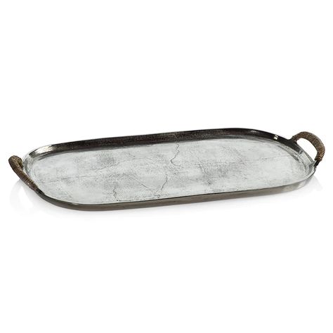 Mauritius Raw Aluminum Tray with Cane Wrapped Handles - Large– Zodax Online Summer Furniture, Handwoven Throw, Aluminum Tray, Cane Handles, Seagrass Basket, Candle Tray, Colorful Table, Holiday Home Decor, Rug Sale