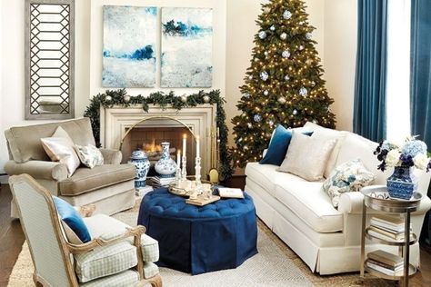 ballard designs blue christmas Noble Fir Christmas Tree, Centsational Style, Chinoiserie Ornaments, Designs Room, Classy Christmas Decor, Winter Living Room, Blue And White Living Room, Blue Christmas Decor, Traditional Colonial