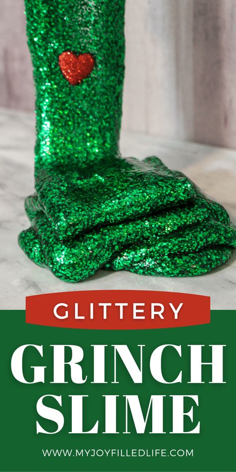 Your kids will have a BLAST with this sparkly Grinch Slime, complete with his heart!! This makes for a great Christmas activity for your kids or a sweet gift for them to give to a friend this Christmas season. Head on over to My Joy-Filled Life to see how to make it! #thegrinch #slimerecipe #Christmasslime Grinch Deserts, Grinch Projects, Grinch Activities, Perfect Slime Recipe, Grinch Slime, Diy Grinch, Grinch Crafts, Der Grinch, Edible Slime