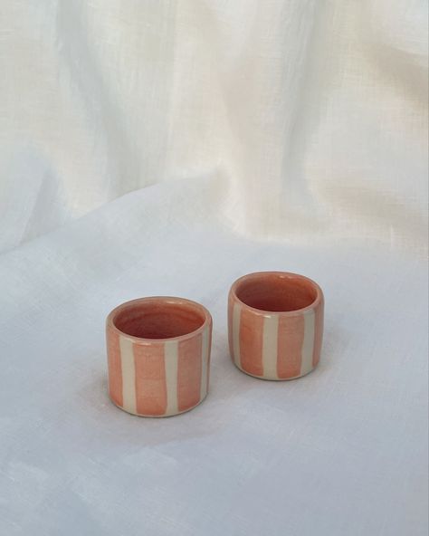 wheelthrown ceramic espresso cups in stripes Pottery Painting Espresso Cups, Ceramic Esspreso Cup, Clay Espresso Cups Diy, Espresso Mugs Pottery, Handmade Espresso Cups, Espresso Ceramic Cups, Clay Espresso Cups, Pottery Espresso Cups, Mug Ceramic Ideas