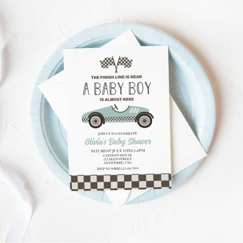 blue Race Car Baby Shower Invitation - Baby Shower Invitations Vintage Race Car Birthday, Blue Race Car, Racing Baby, Baby Shower Party Invitations, Cars Birthday Invitations, Blue Baby Shower Invitations, Vintage Birthday Cards, Baby Shower Invitaciones, Race Car Birthday