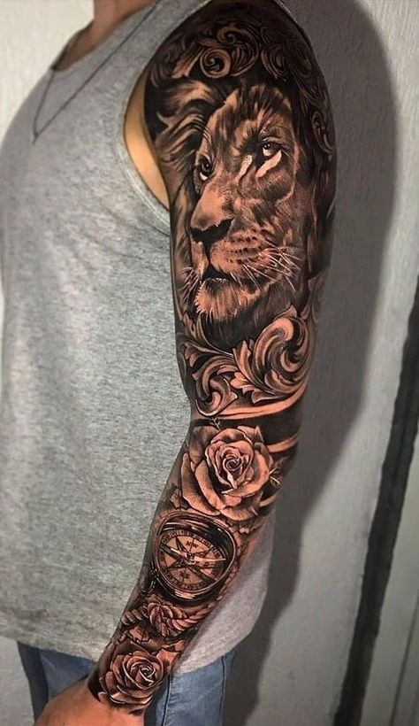 Top Arm Tattoo, Lion Shoulder Tattoo, Tiger Tattoo Sleeve, Half Sleeve Tattoos Forearm, Animal Sleeve Tattoo, Quarter Sleeve Tattoos, Lion Tattoo Sleeves, Lion Head Tattoos, Men Tattoos Arm Sleeve